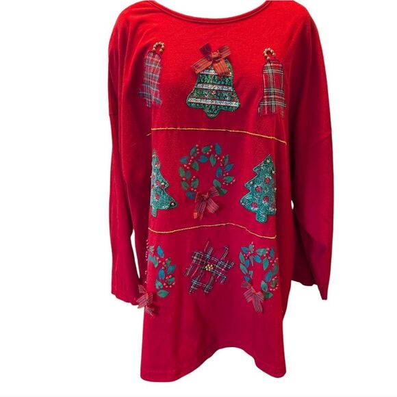 Victoria‎ Jones Woman Christmas Top Vintage Red Embroidery Beads Plaid - Picture 1 of 10
